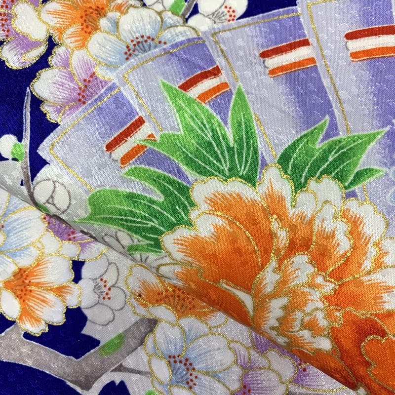 601ag48□七五三 七歳 女児 着物&袋帯 金彩 扇に花 青□美品