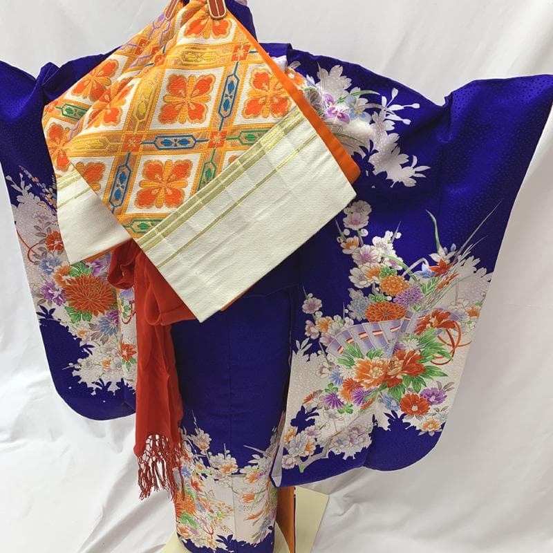 601ag48□七五三 七歳 女児 着物&袋帯 金彩 扇に花 青□美品