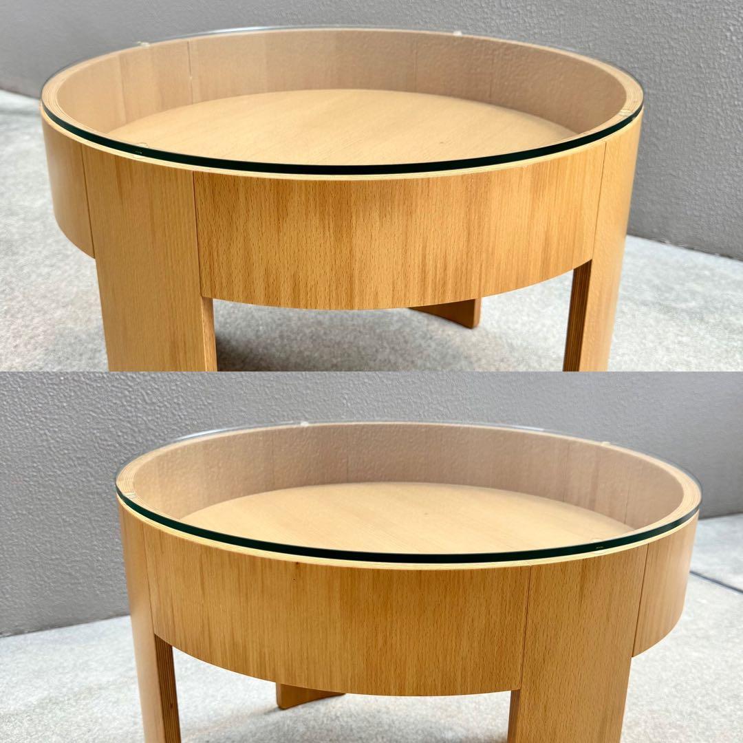 美品✴︎天然木 ラウンド サイドテーブル ガラス コーヒーテーブル ソファ 国産