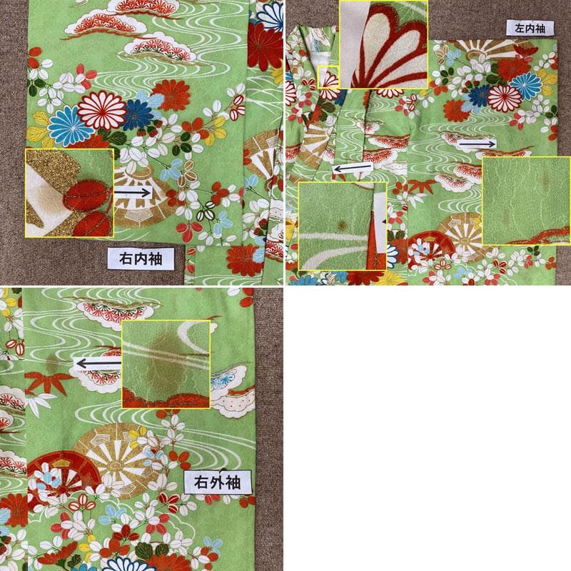 509ag28◎七五三 七歳 女児 着物&袋帯&長襦袢 総柄 金彩 黄緑色◎