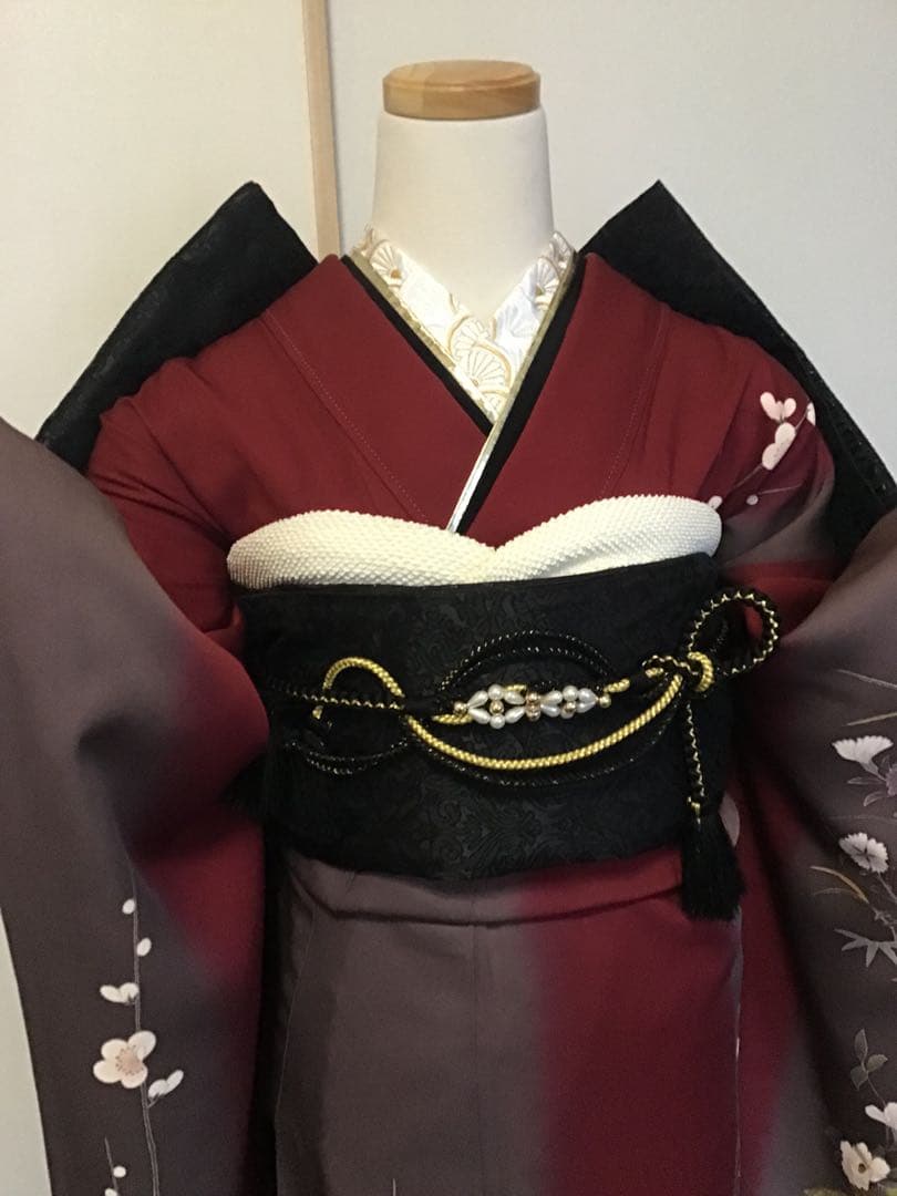振袖セット　赤　エンジ　牡丹花　金彩　振袖6点セット　正絹　成人式　卒業式
