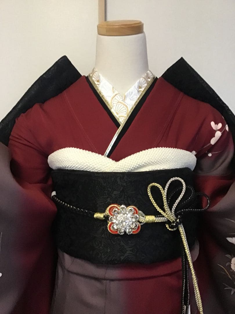 振袖セット　赤　エンジ　牡丹花　金彩　振袖6点セット　正絹　成人式　卒業式