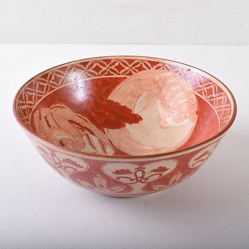 九谷焼　古九谷　八郎手　赤絵　神獣文　鉢　時代箱　M　R8749