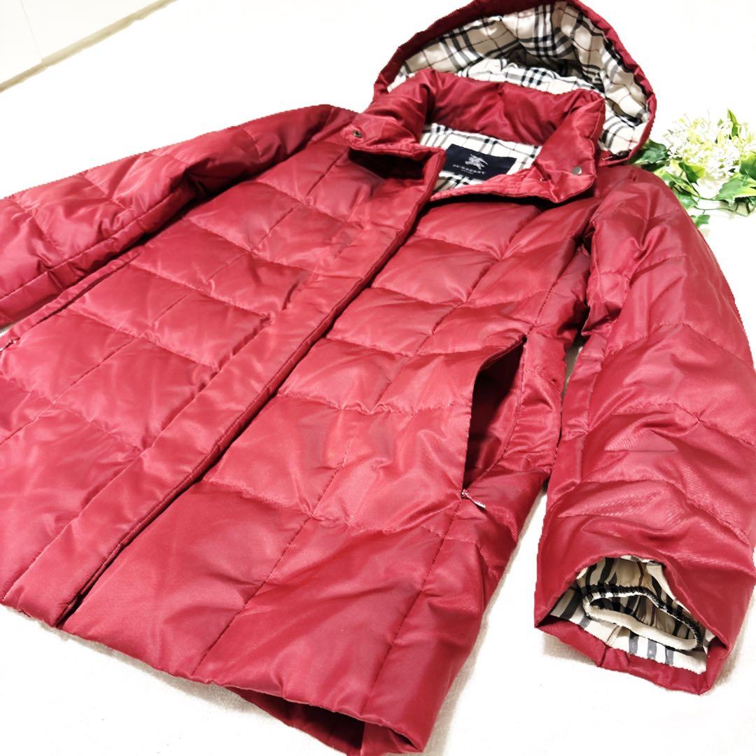 新品級 バーバリーロンドン ダウン ノバチェック 総柄 フード 赤 M 三陽商会