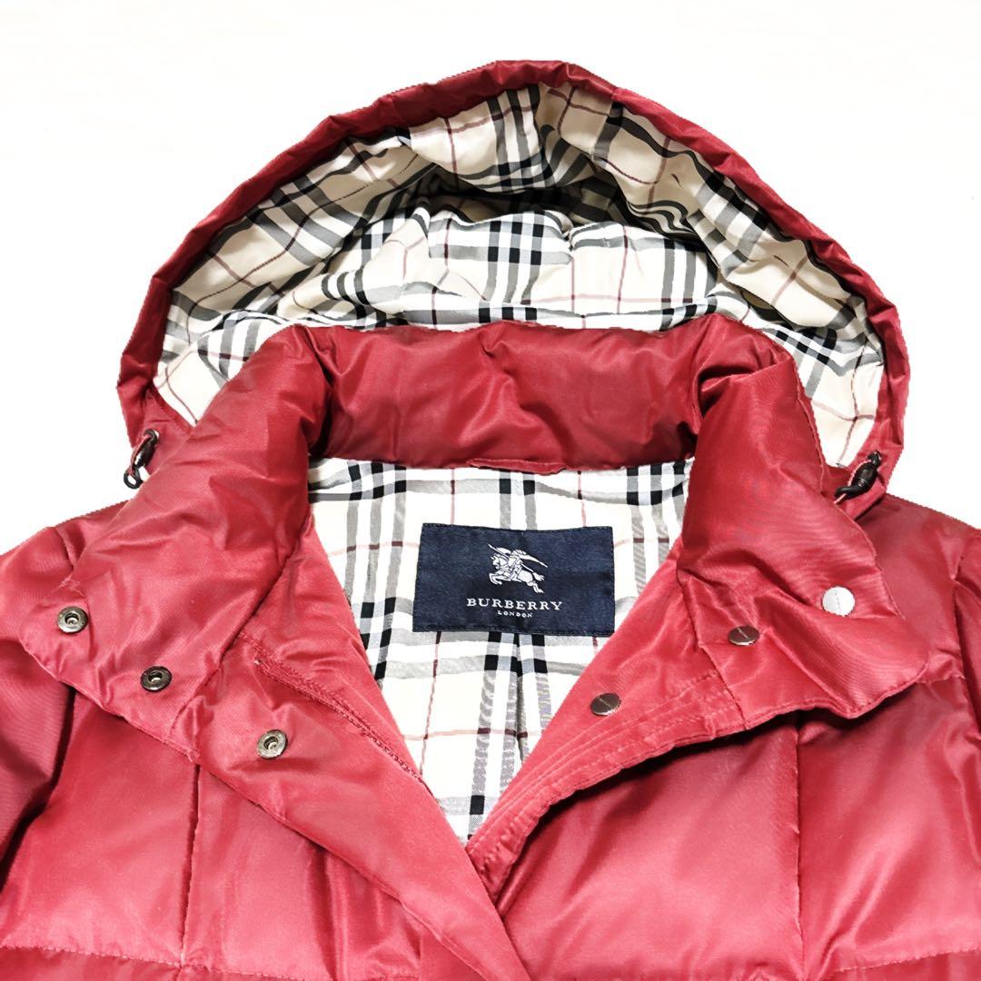 新品級 バーバリーロンドン ダウン ノバチェック 総柄 フード 赤 M 三陽商会