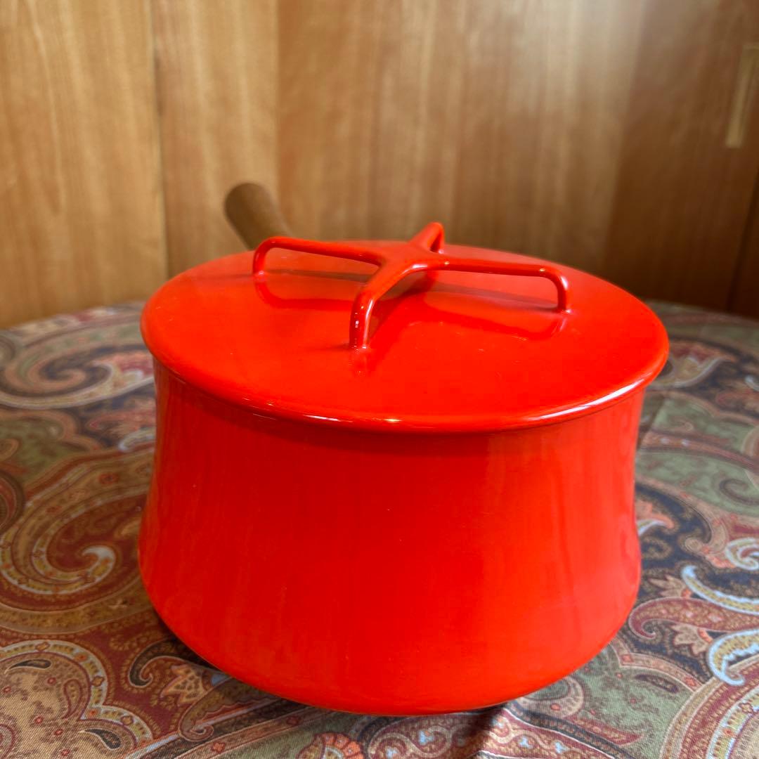 164◆DANSK 18cm片手鍋　赤いホーロー鍋　蓋付き　チリレッド