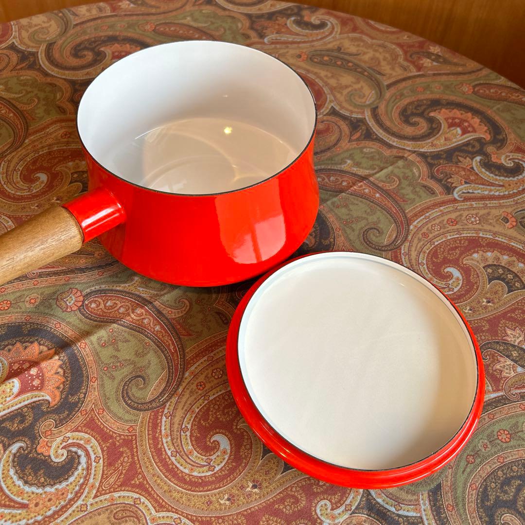 164◆DANSK 18cm片手鍋　赤いホーロー鍋　蓋付き　チリレッド