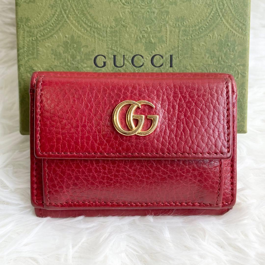 美品✨人気定番✨グッチ 三つ折り財布 GGマーモント コンパクト レッド