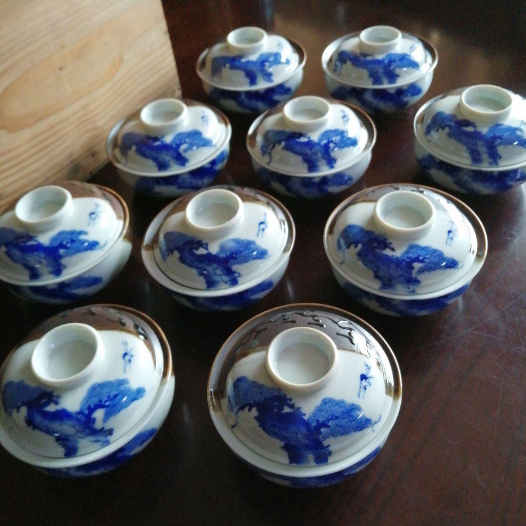 瀬戸焼　染付黒釉掛分蓋付小鉢　10客　11.8cm　明治〜昭和初期