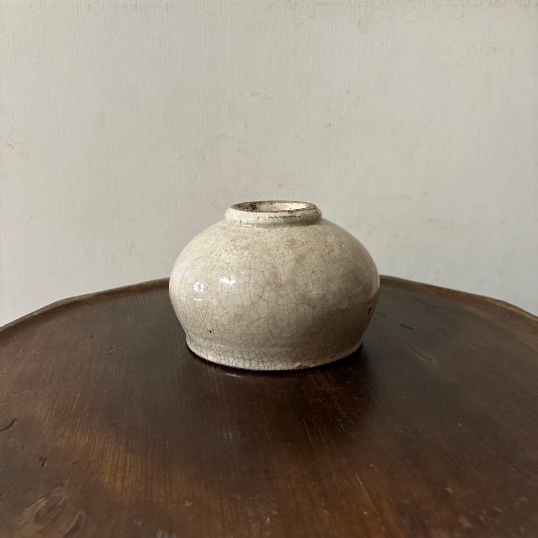 古い丸壷　白釉　塩笥壺　韓国骨董.アンティーク.古民芸.検:立原正秋.白磁.李朝