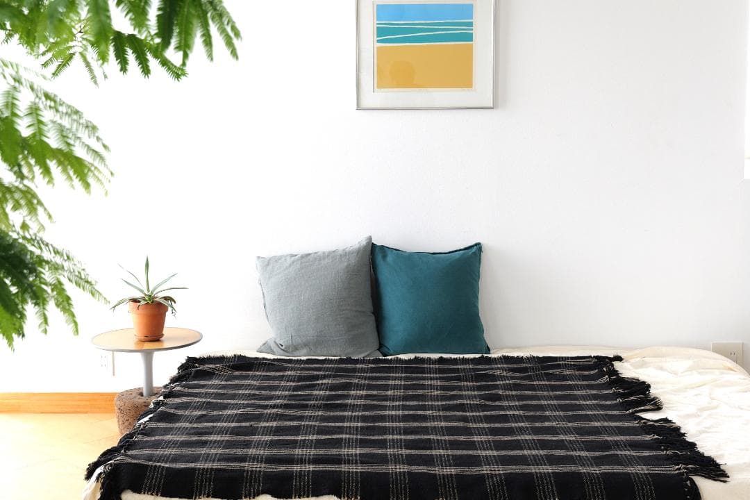 ビンテージ　ラグ　　チェック柄フリンジ付きブランケット