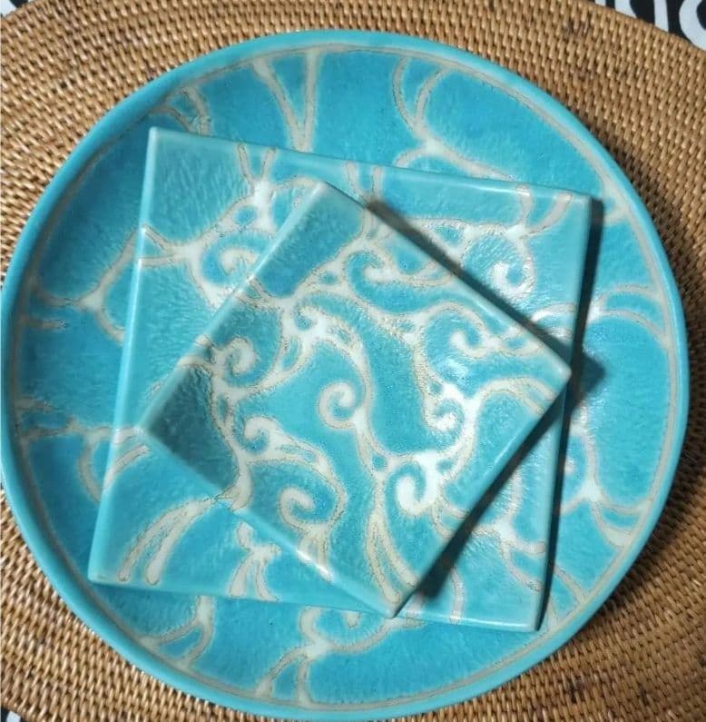 陶器、食器セット、プレート、ブルー