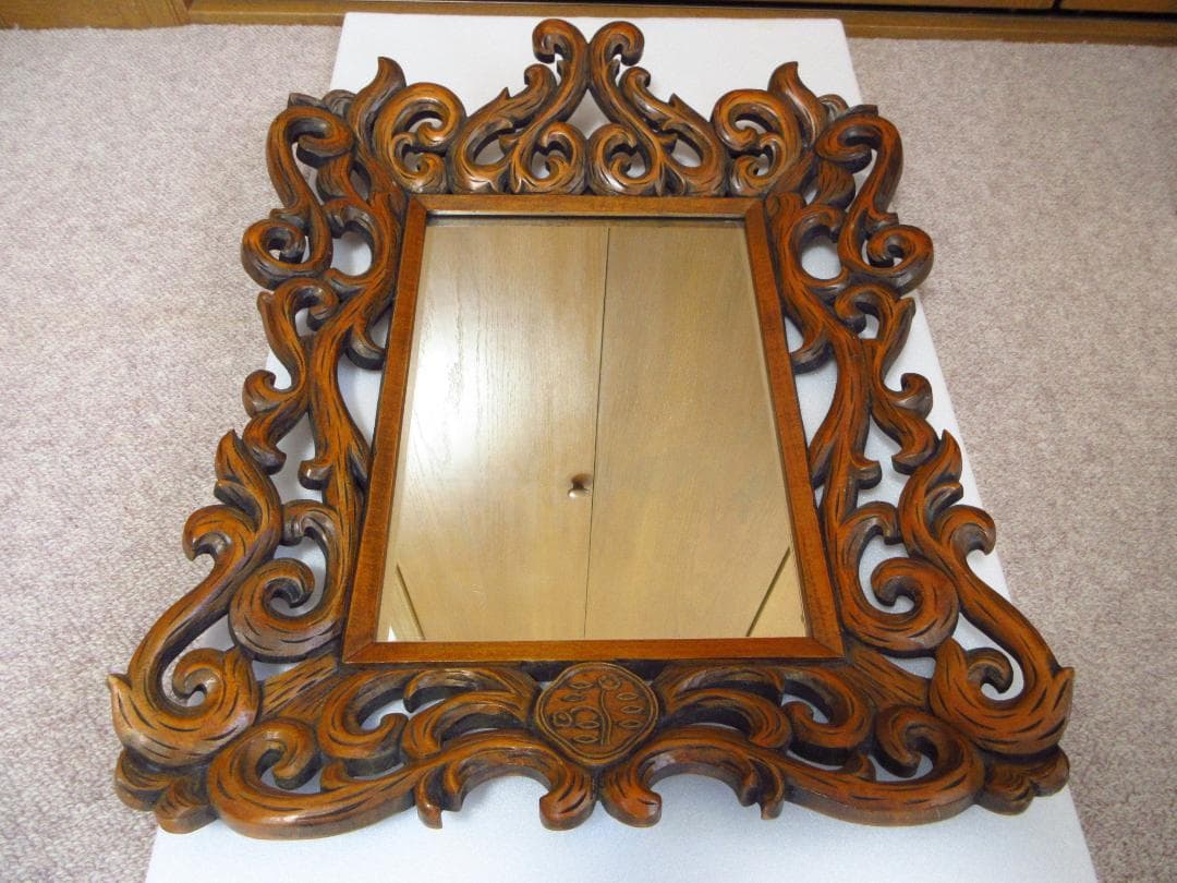 【アンティーク 資生堂】希少 SHISEIDO 昭和レトロ 木彫り 壁掛けミラー