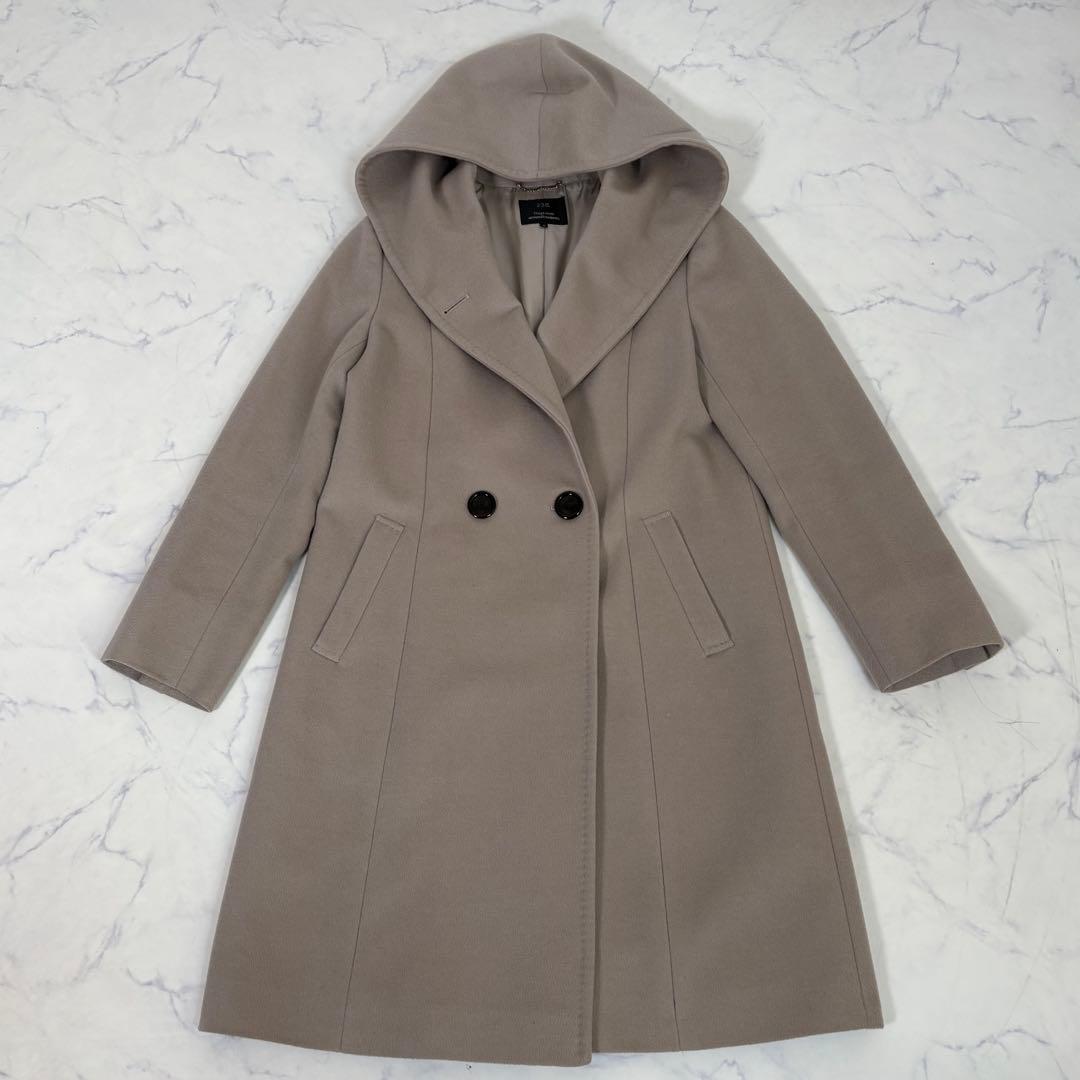 美品 23区 アンゴラ混 ビーバーダブルコート フード ベージュ38