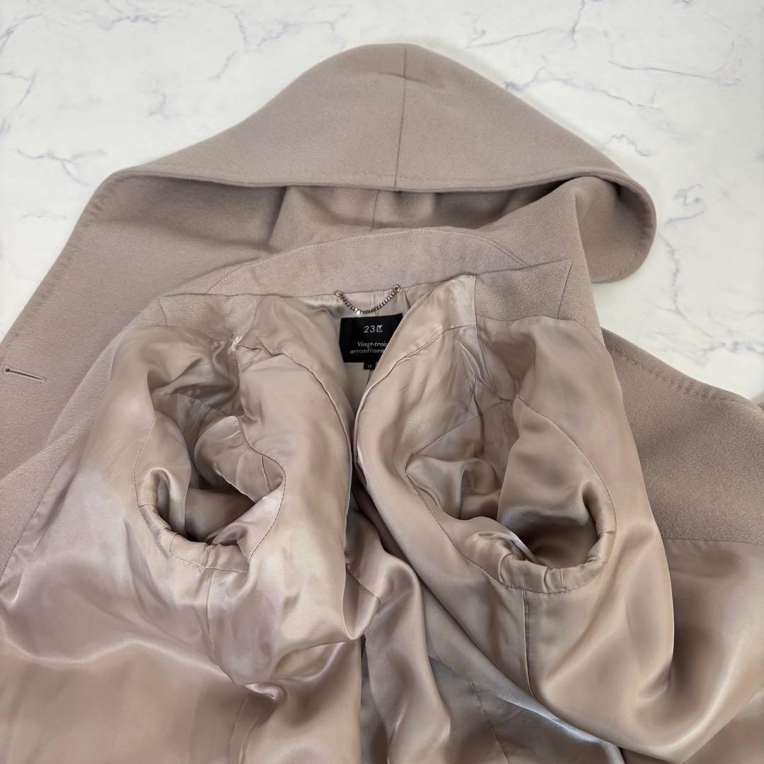 美品 23区 アンゴラ混 ビーバーダブルコート フード ベージュ38