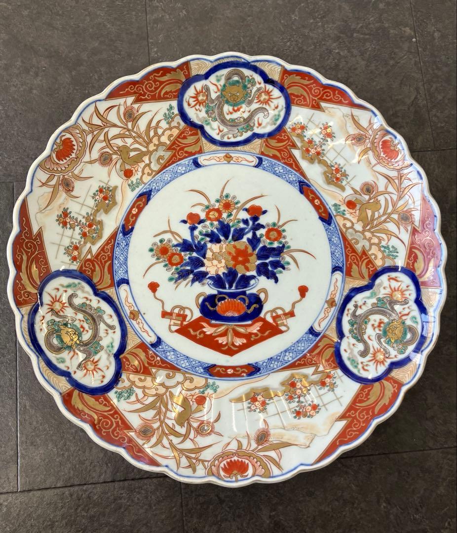 値下！時代物　色絵　金彩　花鳥絵　赤絵　大皿　飾り皿 骨董品　手描き　盛皿　龍