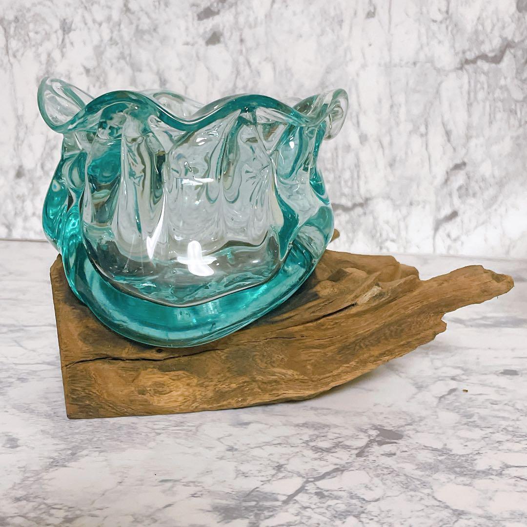 お花型 流木ガラス オブジェ 花瓶 Lサイズ ガラス細工 流木台座 置物