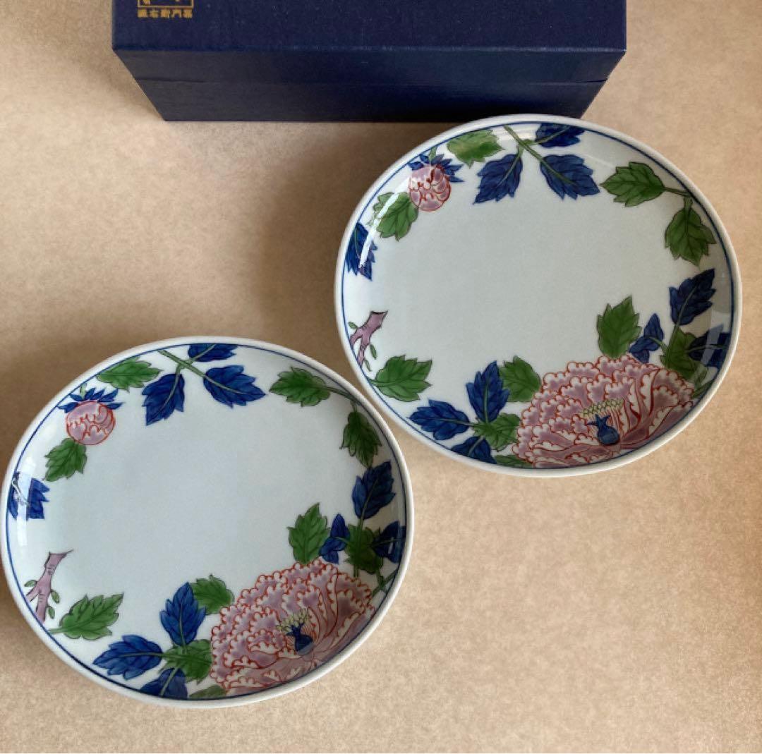 新品★源右衛門窯 染錦紫牡丹絵楕円皿 18×16cm 2枚★元箱付き