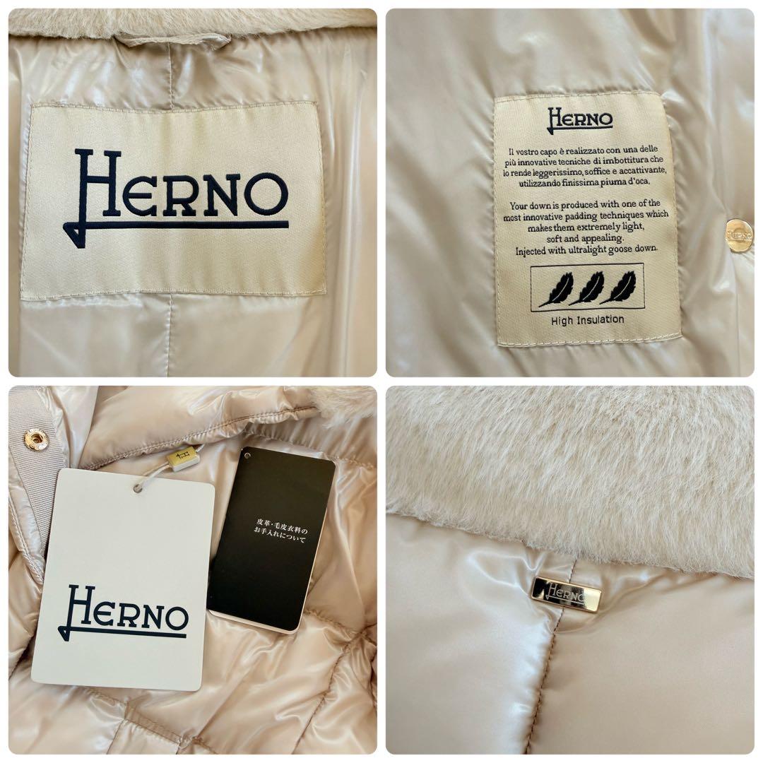 タグ付未使用★HERNO ダウンコート エコファー 異素材 切替 グレージュ42