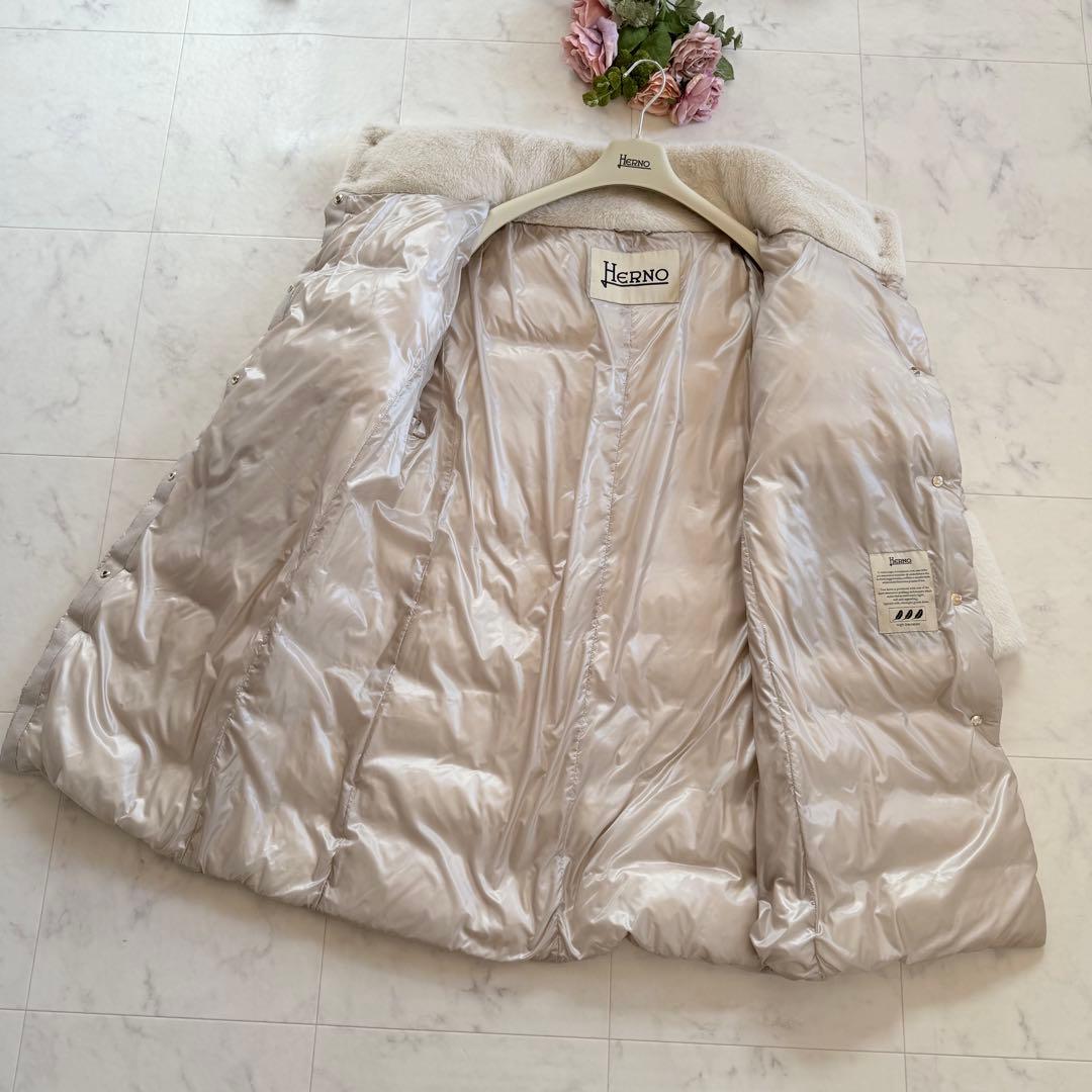 タグ付未使用★HERNO ダウンコート エコファー 異素材 切替 グレージュ42