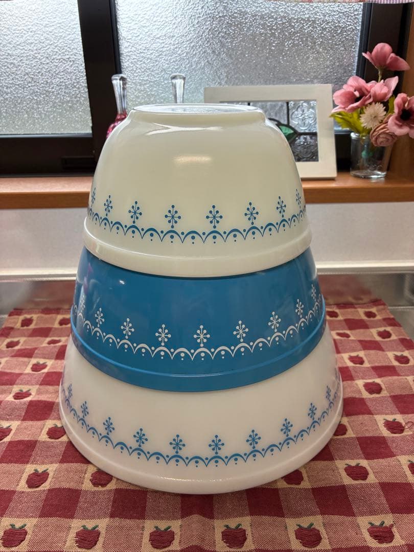 【値下げ】オールドパイレックス　スノーフレークミキシングボウル3コ　USA