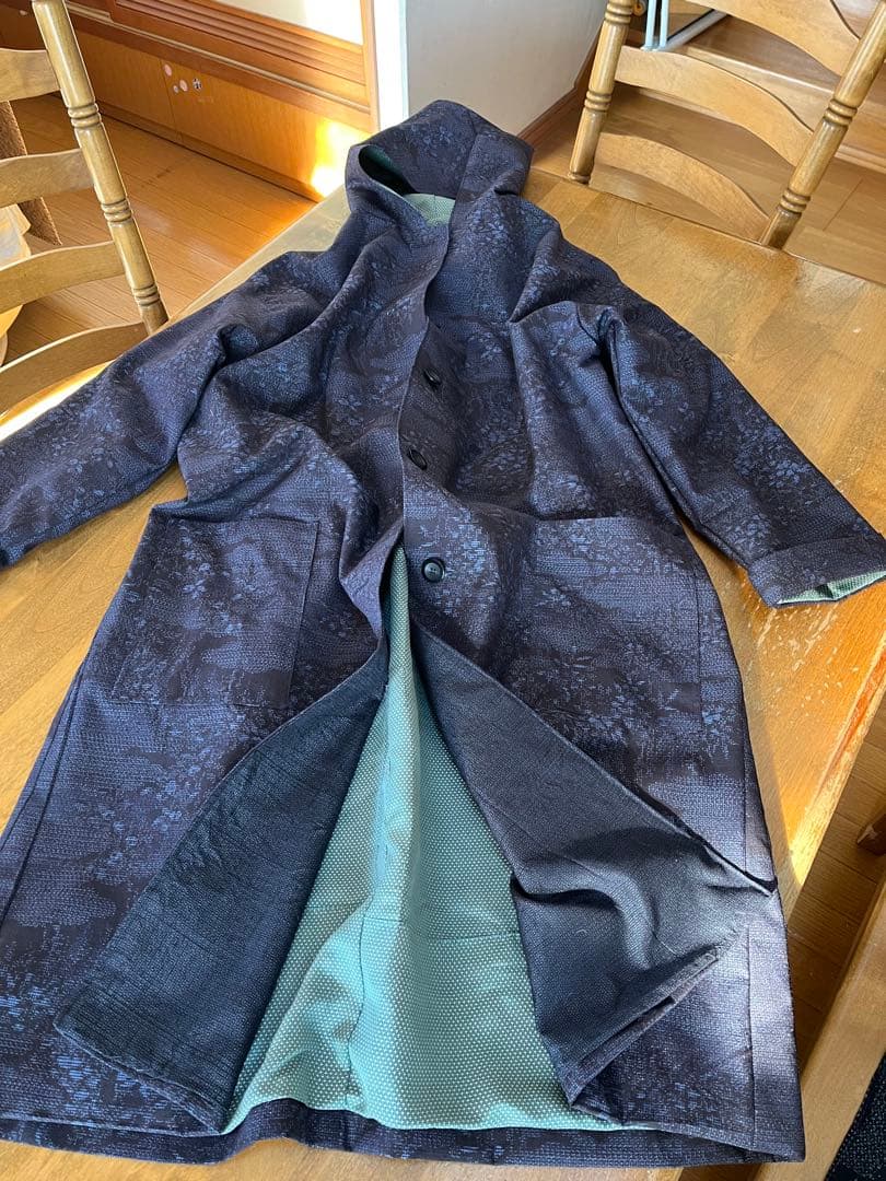 着物リメイク　結城紬コート　裏地蚊絣お召し　ハンドメイド