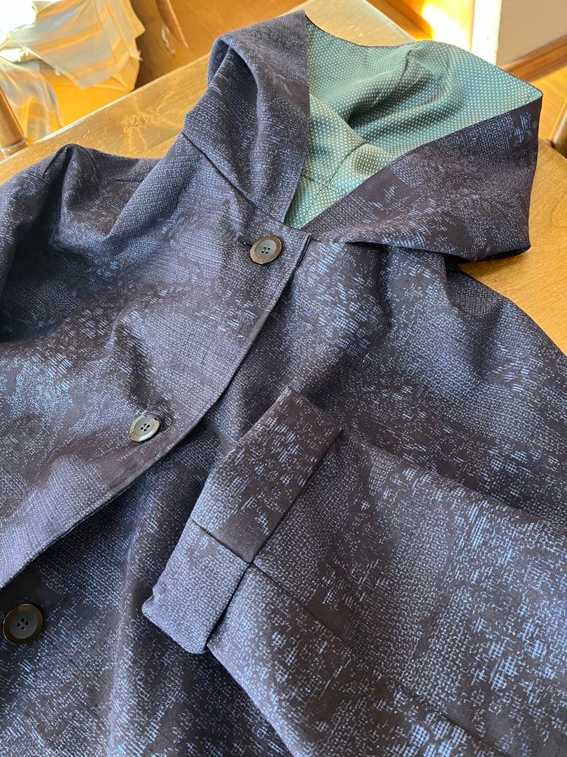 着物リメイク　結城紬コート　裏地蚊絣お召し　ハンドメイド