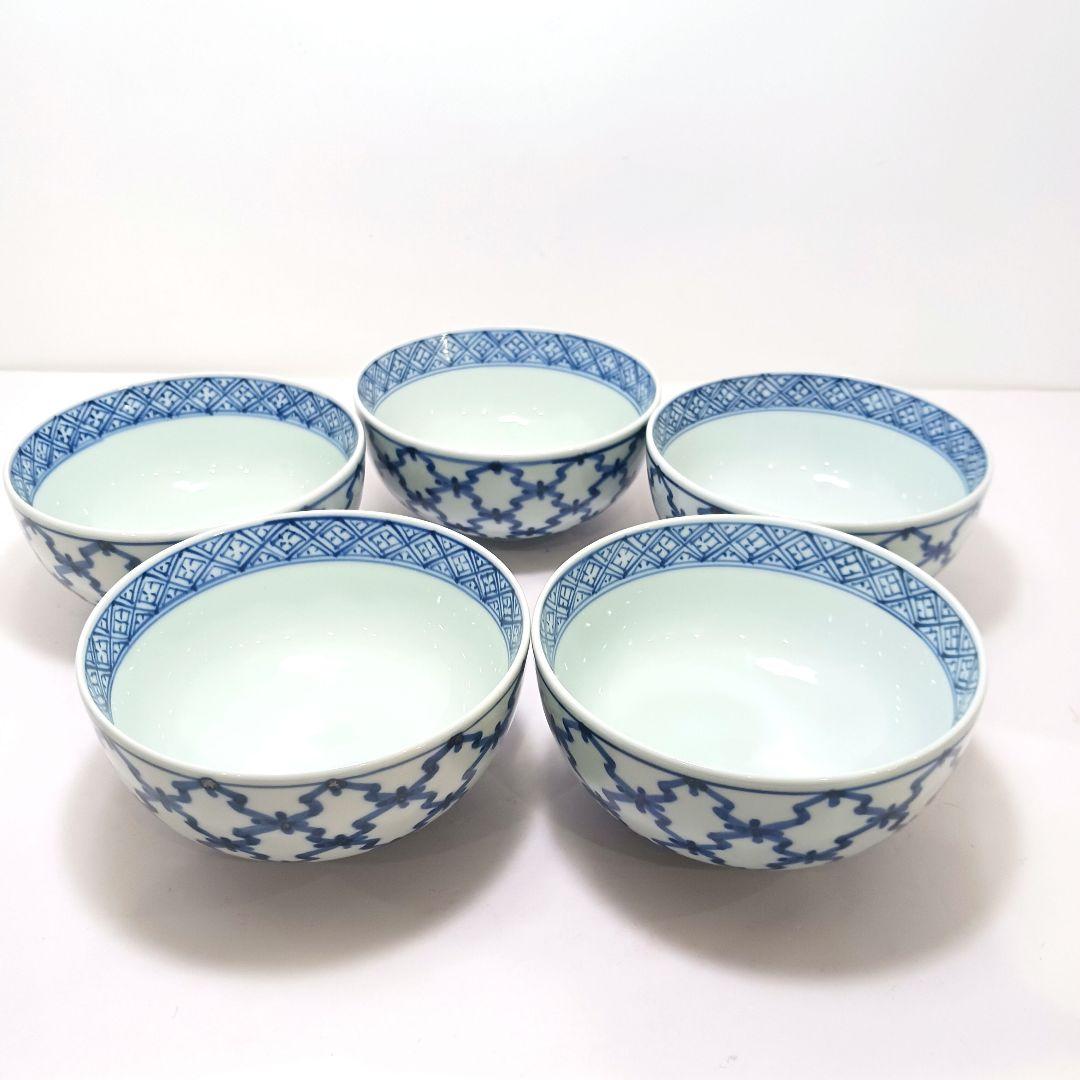 Y3311-2 伊万里 在銘 染付松皮菱繋文 飯碗 5客セット 共箱