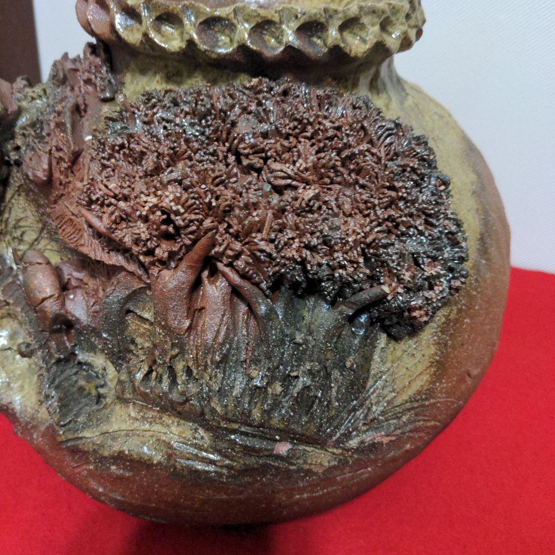 鈴鹿焼・萬古焼・杉野玉龍作・浮彫盛上山水風車図・壺・床飾り・飾り壺・花瓶