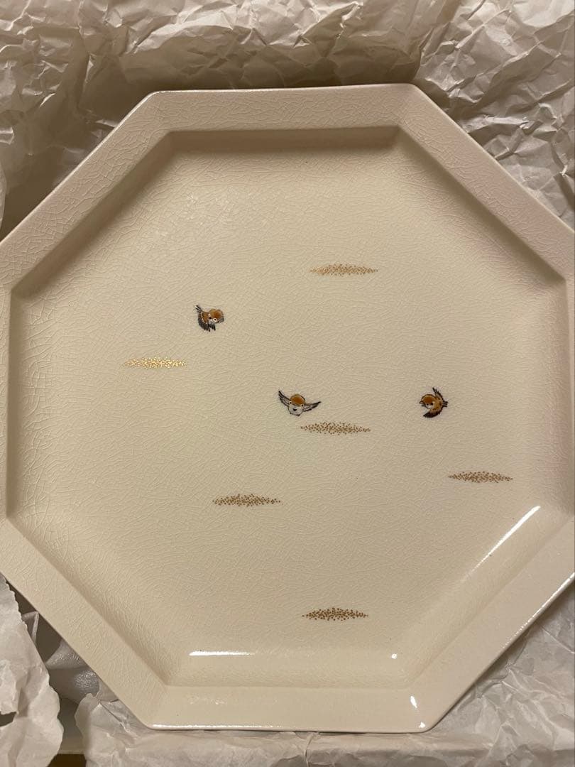 【新品】薩摩焼　十五代　沈壽官　白薩摩八角皿（大）　雀