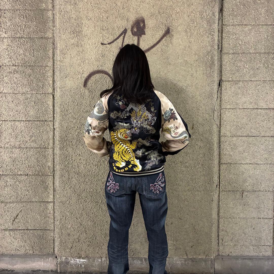 激シブ⭐︎リバーシブル 雅結 スカジャン サテン刺繍 和柄 龍 虎 金魚 L程度