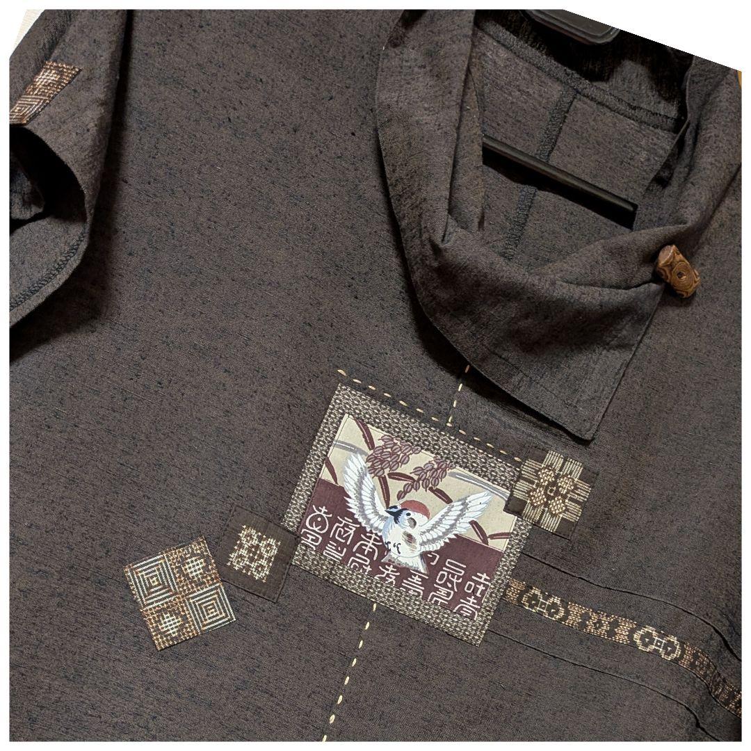 結城紬 ♥反物～古布リメイクフレンチブラウス 雀柄＆大島紬