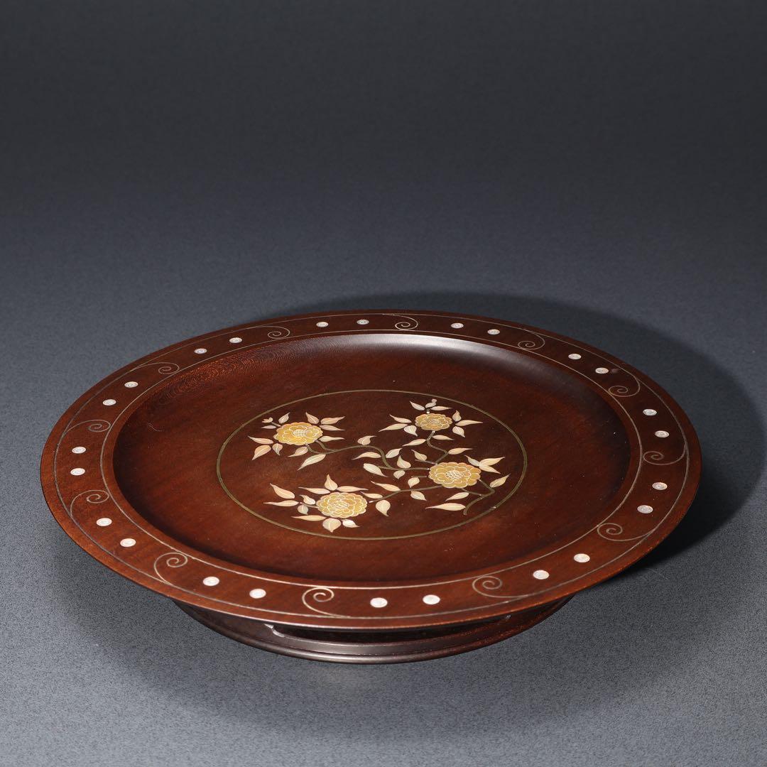 漆塗　丸盆　黄銅銀 螺鈿野菊文丸盆　共箱　吉本寿　R1430お3