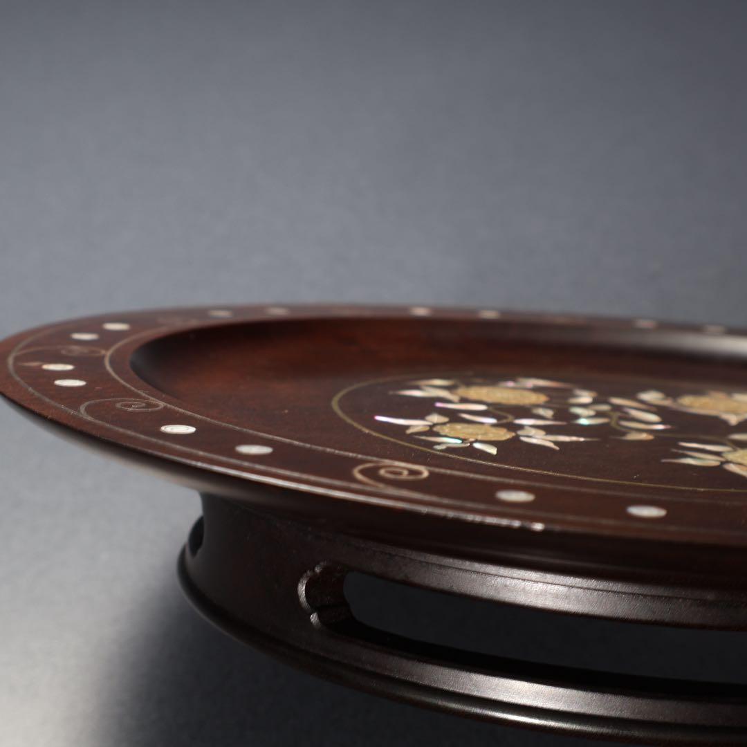 漆塗　丸盆　黄銅銀 螺鈿野菊文丸盆　共箱　吉本寿　R1430お3