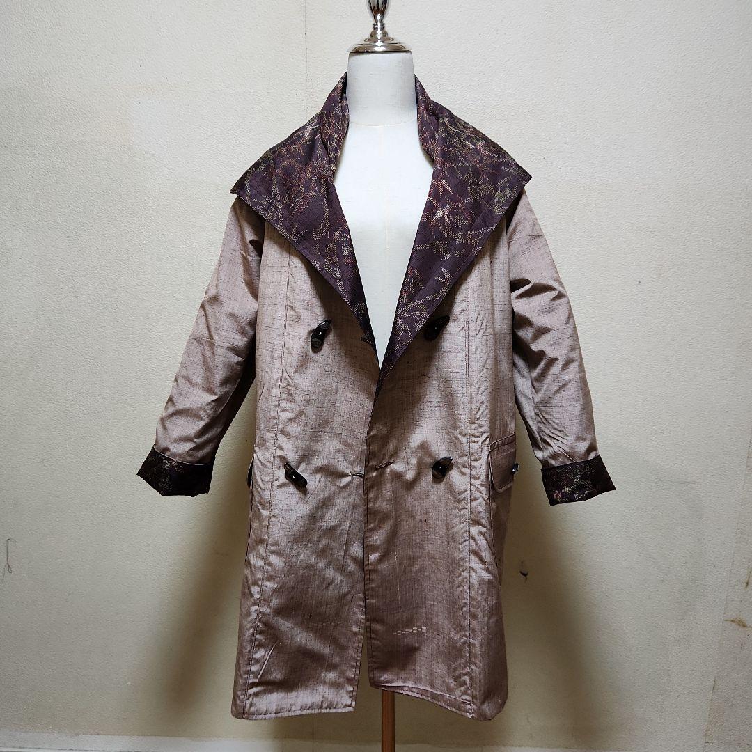 正絹結城紬&無地系紬着物リメイクリバーシブルWフ－ドコ－ト＊結城紬マフラー付き