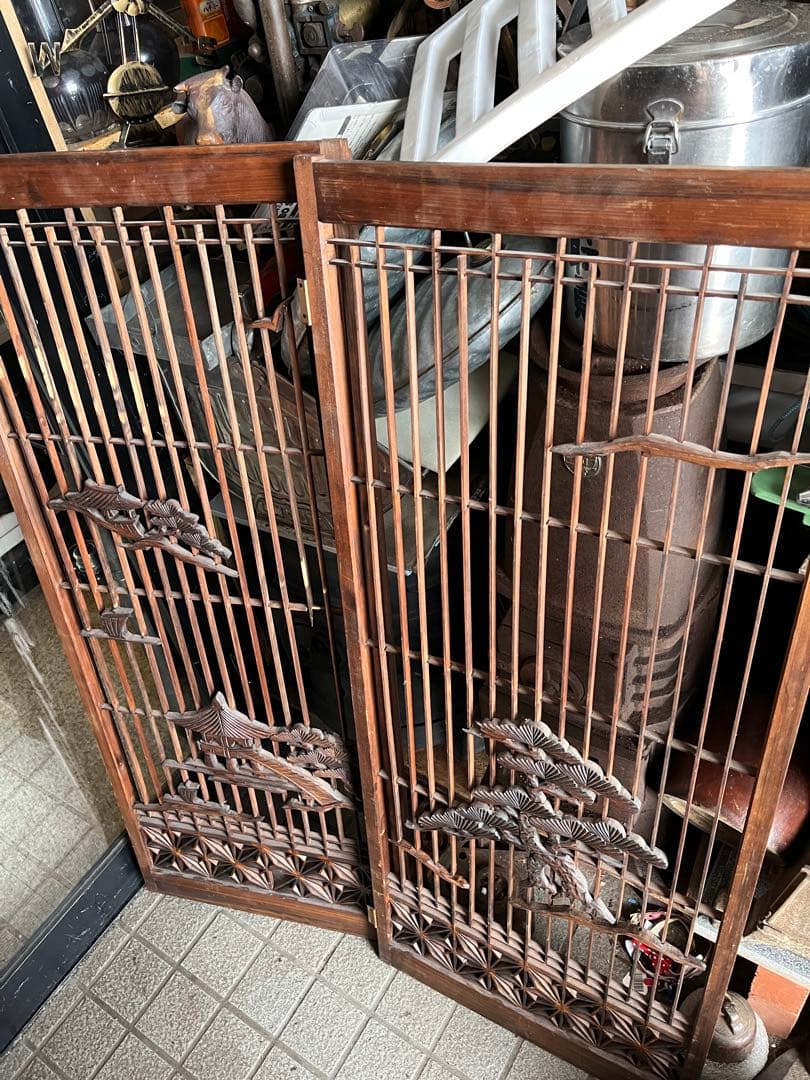 木製の彫刻障子、珍品障子、美しい障子、松の木や船、和室、衝立、風炉先 山水障子