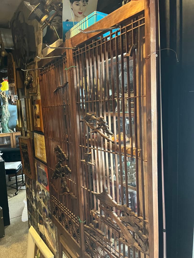 木製の彫刻障子、珍品障子、美しい障子、松の木や船、和室、衝立、風炉先 山水障子