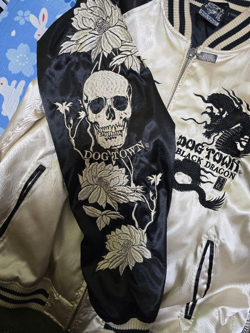 希少モデル DOG TOWN 黒龍 髑髏侍&龍 大判 刺繍 スカジャン