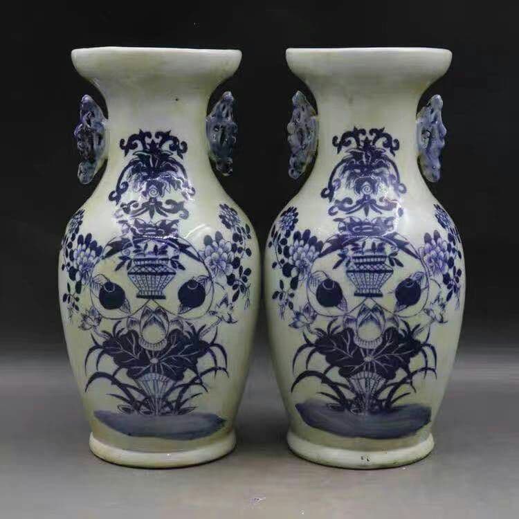 晩清民窯青花博古花紋双耳瓶模古磁器古玩骨董置物