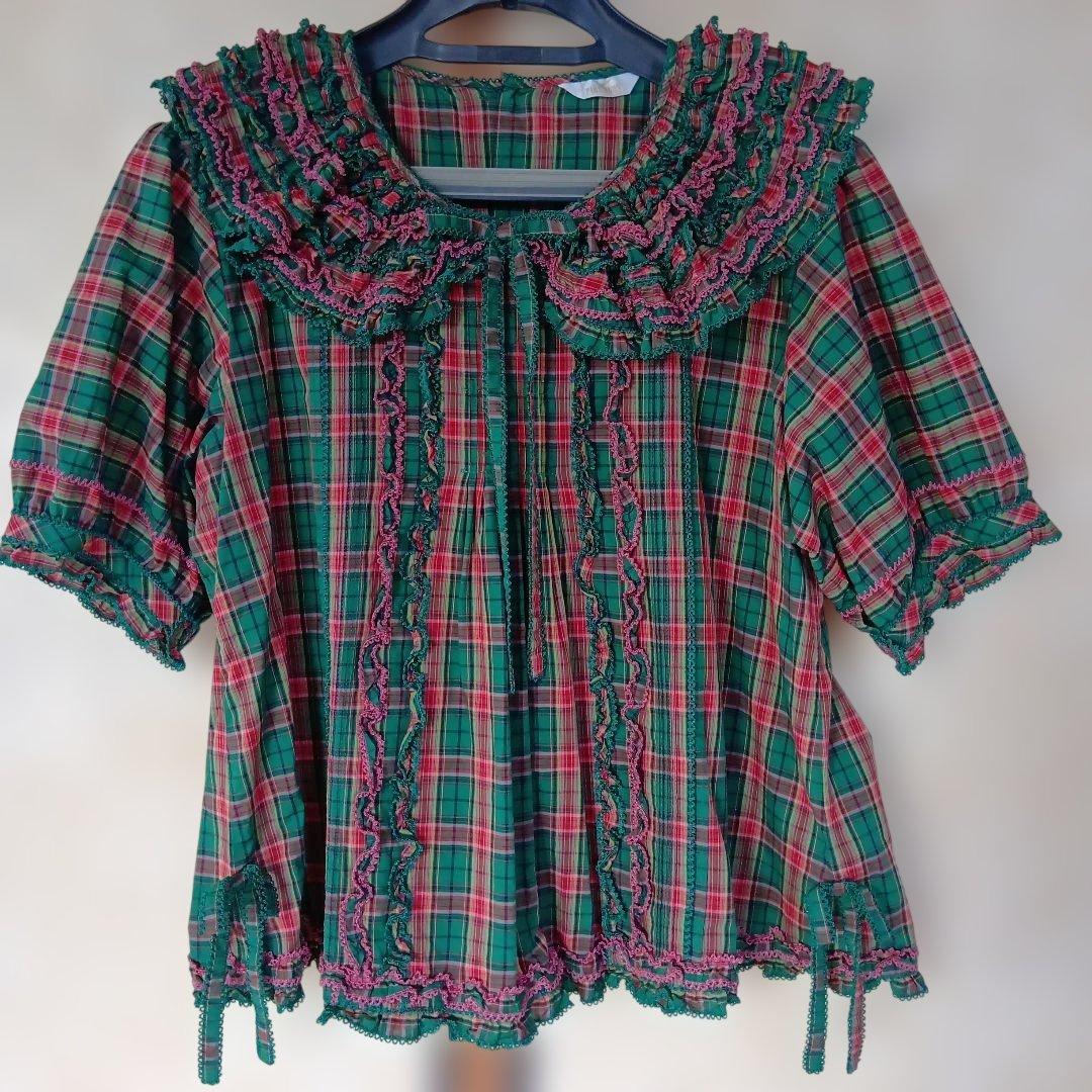 ピンクハウス　フリル付き半袖ブラウス 緑と赤のチェック柄