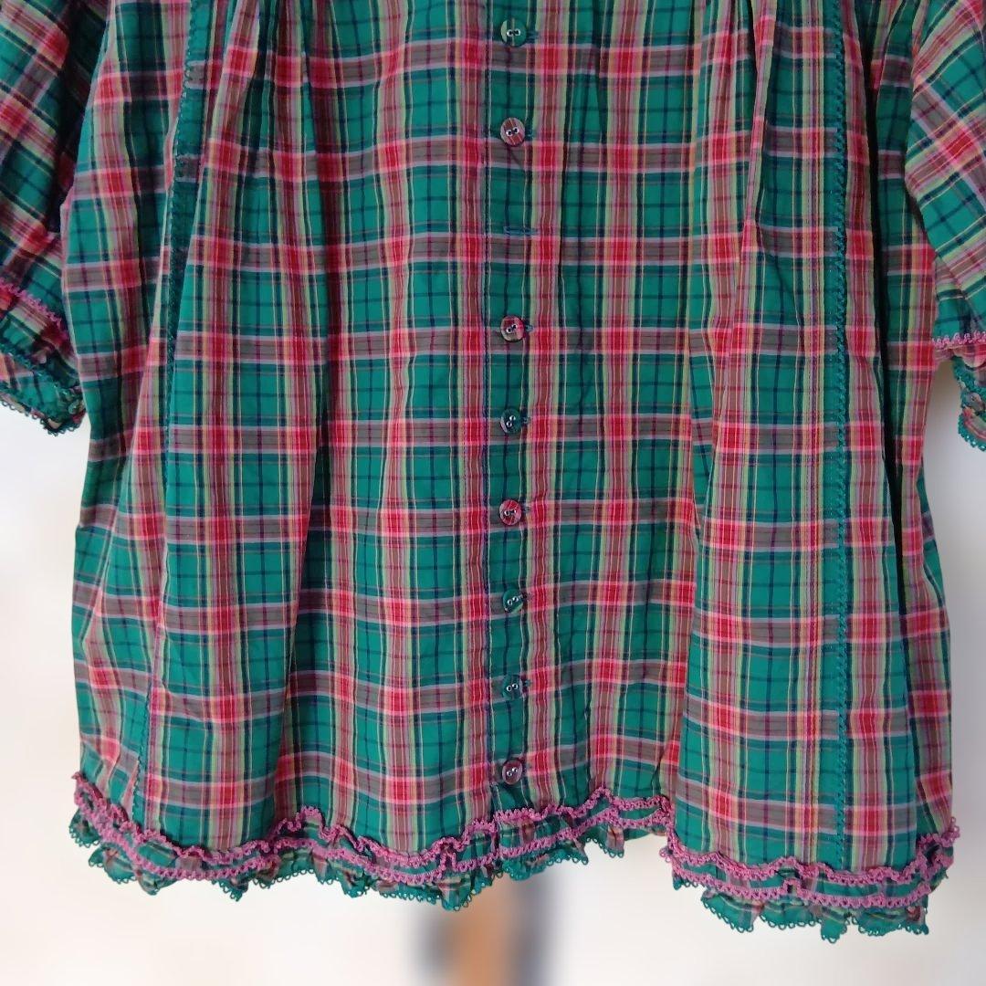 ピンクハウス　フリル付き半袖ブラウス 緑と赤のチェック柄