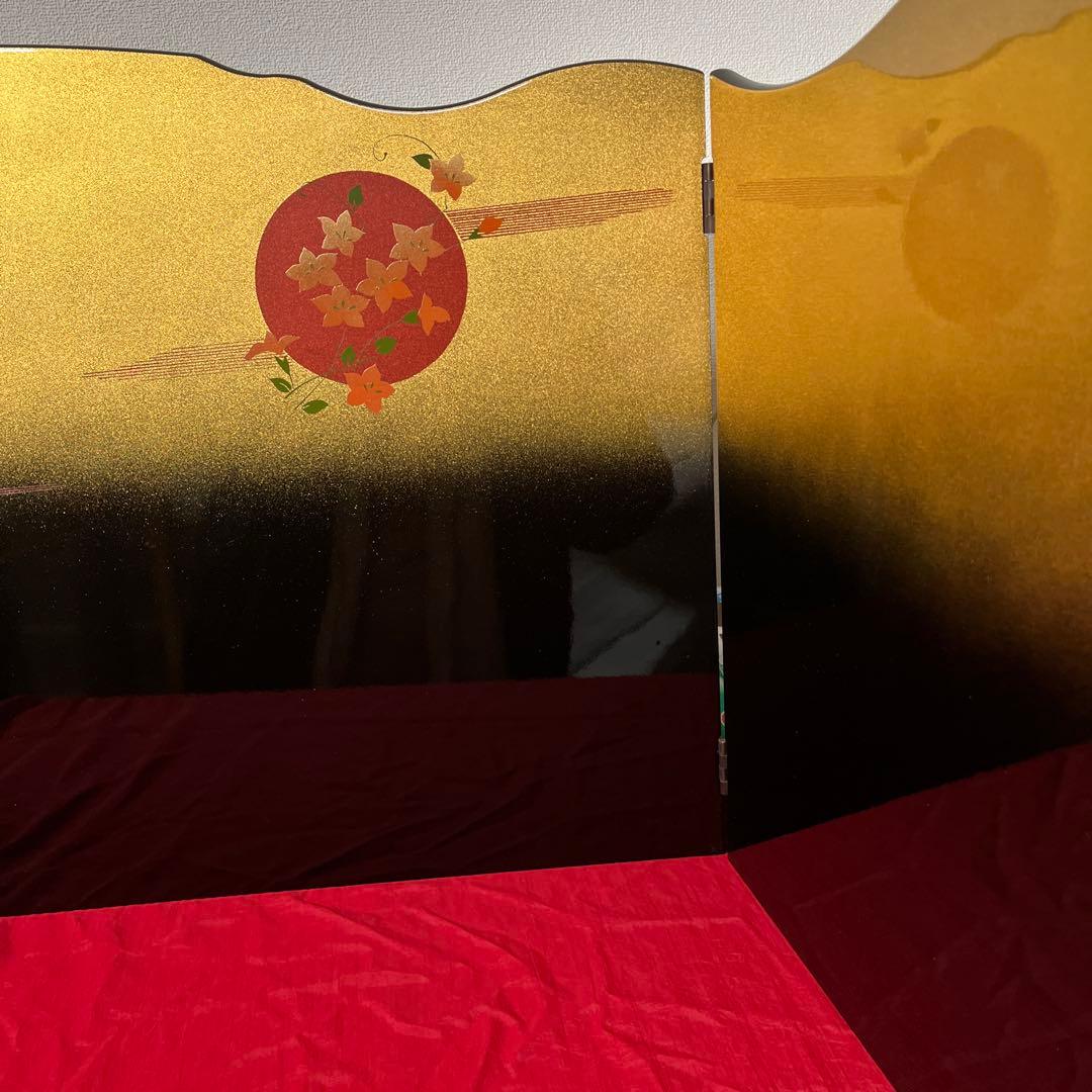 未使用　金彩　塗り　三曲 屏風　ひな祭り　インテリア 上品な屏風　15号　月の花