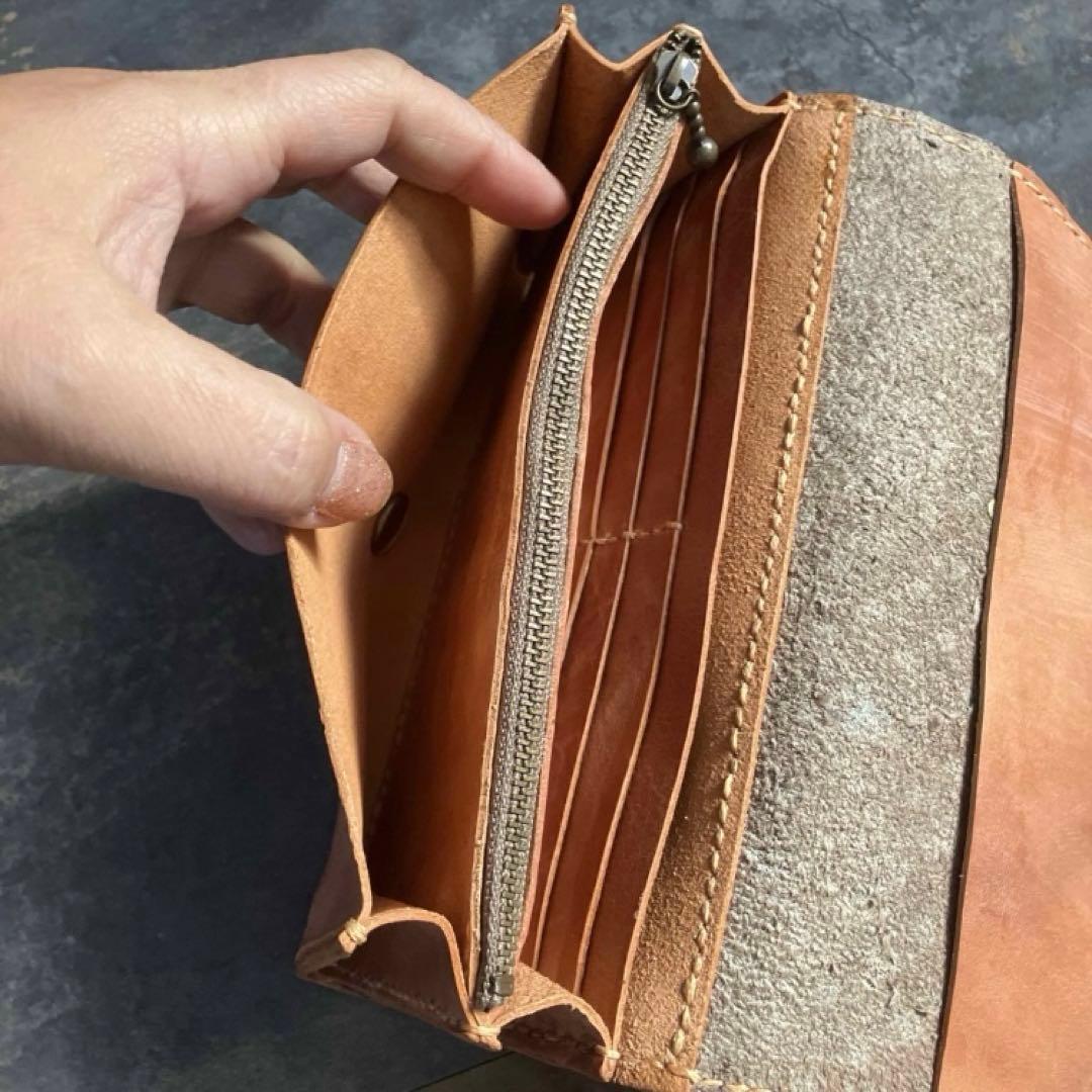 本革☆ハラコ財布　サーモンオレンジ　ドット柄ハラコ　長財布