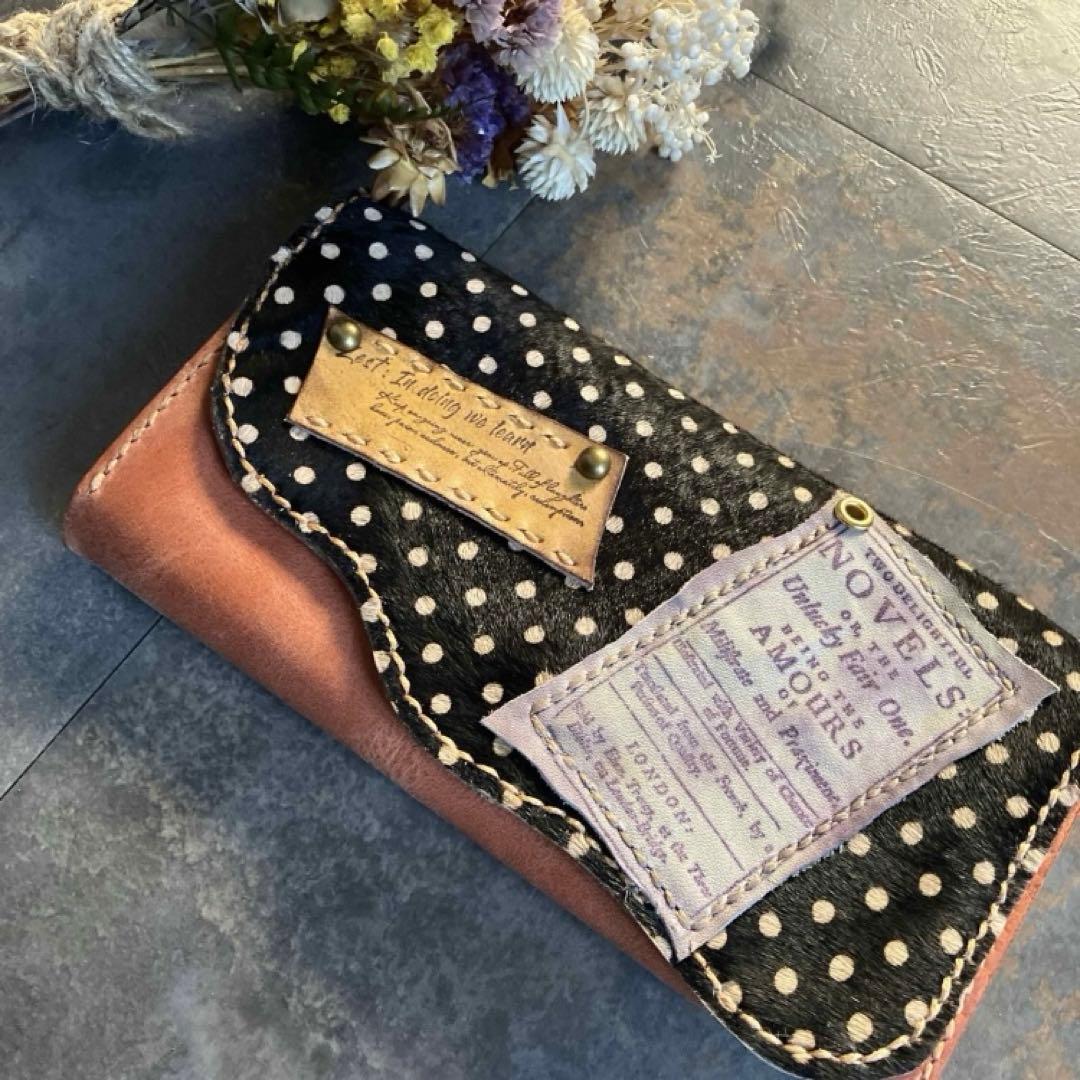 本革☆ハラコ財布　サーモンオレンジ　ドット柄ハラコ　長財布