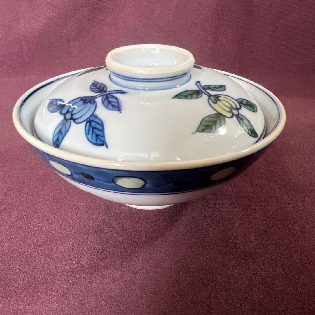 源右衛門　染錦　橘絵　蓋付き飯碗　5客