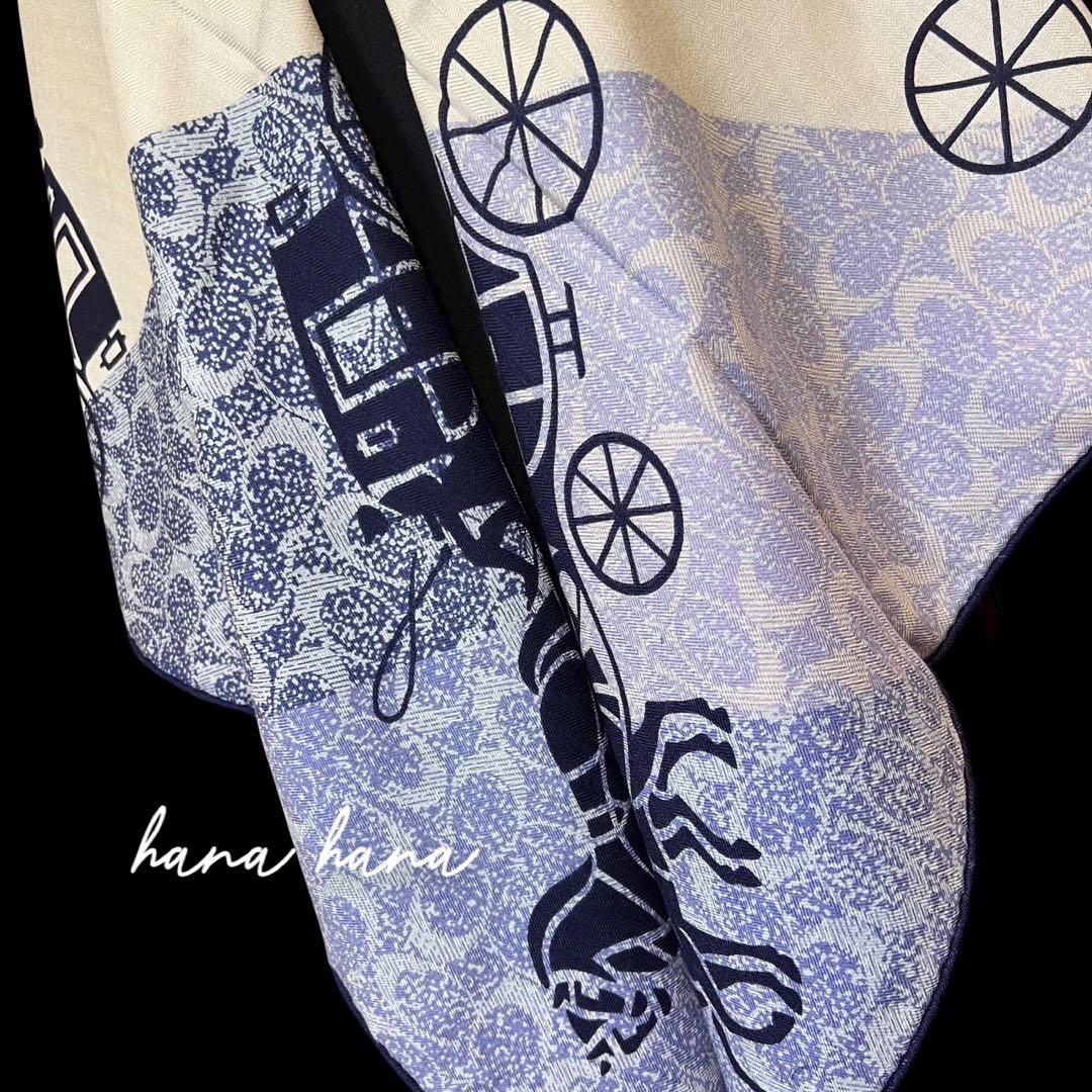 大判 ウール シルク ストール ショール 馬車 ブルー 青 スカーフ 薄手