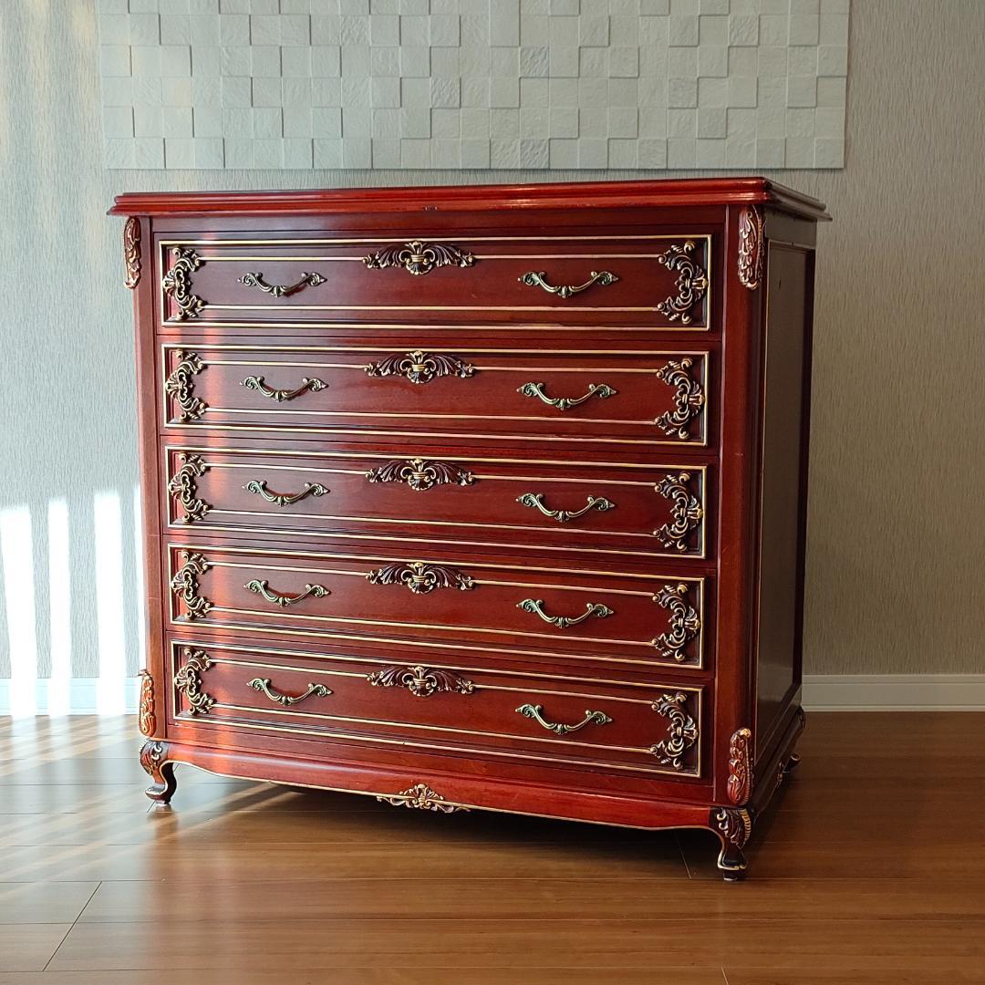 アンティーク　5段チェスト　猫脚　木彫　クラシックチェスト