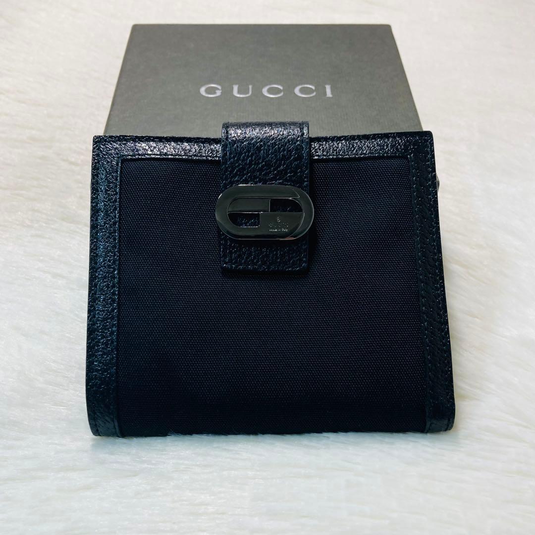 未使用保管 希少　GUCCI グッチ　二つ折り　黒　キャンバス　箱付き　付属　銀