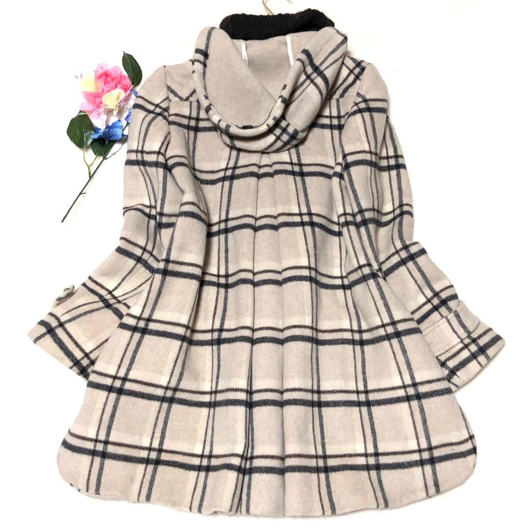 未使用級　マックス&コー　ダッフルコート　チェック　トグル　レザー　アイボリー系