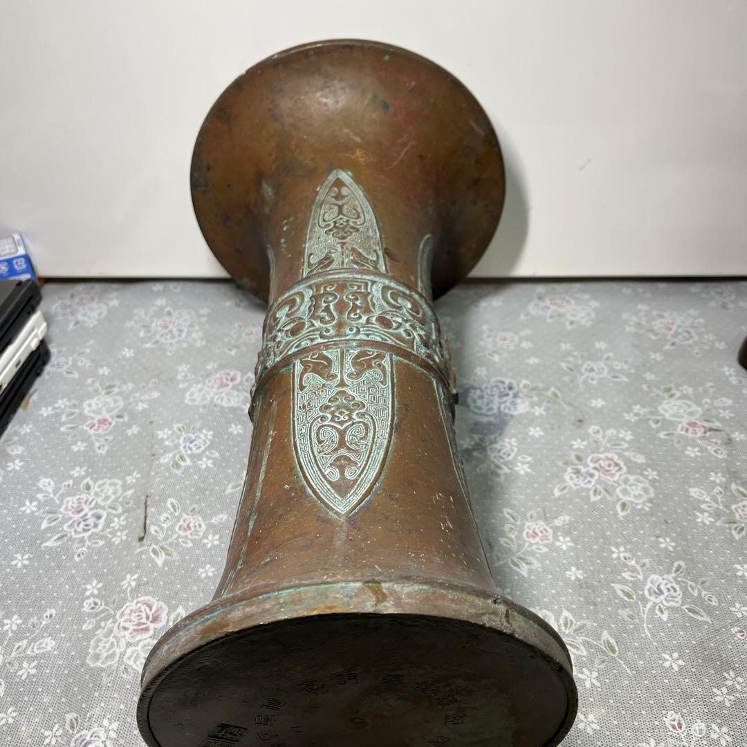 時代物 古銅 銅饕餮紋出戟花觚 高38CM 重約4kg